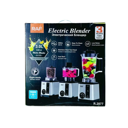 RAF R-2877 Electric Blender – 3-in-1 | 2600W Powerful Motor | 3.0L Capacity | Grinder & Chopper Included