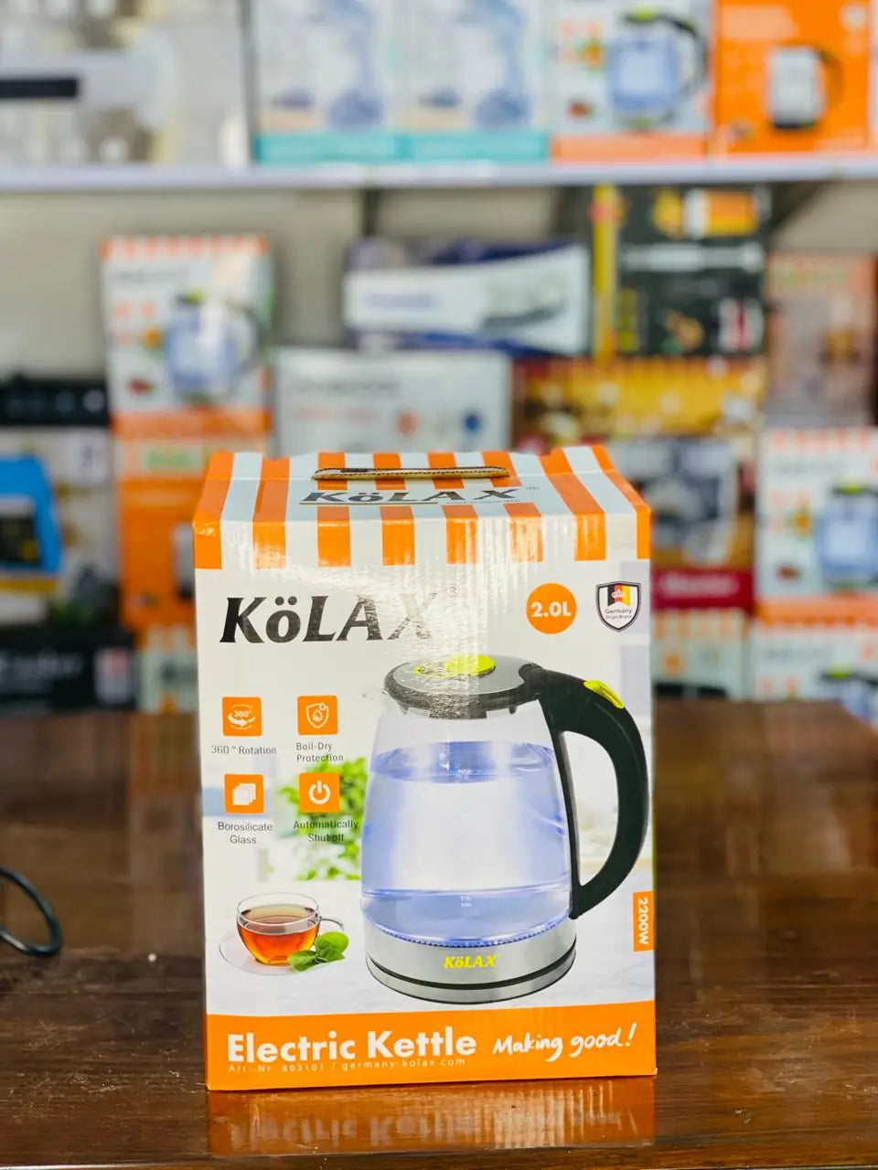 KÖLAX 2.0L Electric Kettle – Borosilicate Glass, Auto Shut-Off, 360° Rotation, 2200W Fast Boil